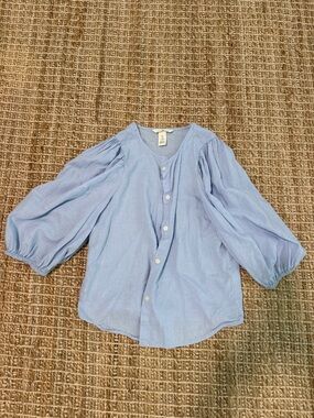 H&M- Light Blue Button-Front Puff-Sleeve Top
